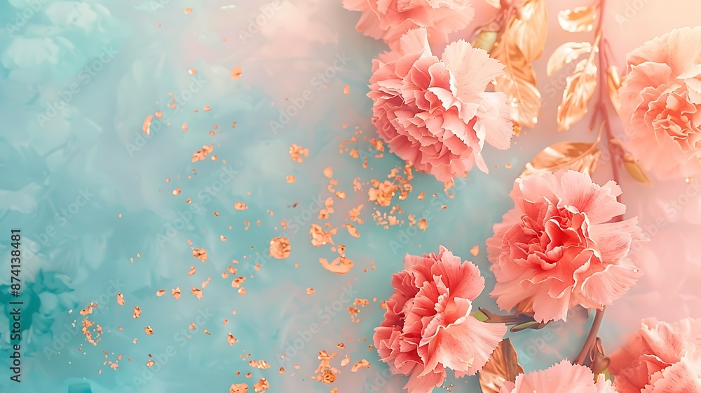 Wall mural carnation pink, gold leaf, and aqua blue noisy gradient, fresh and floral for elegant digital wallpa