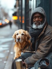 Photo of a sad looking African American veteran sitting on a bench with his dog, possibly homeless