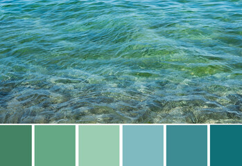 Color palette swatches of blue green turquoise transparent sea water. Pastel trendy combination of...