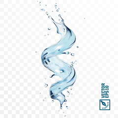 Realistic transparent isolated vector splash of water with drops, a splash of falling water in the form of a spiral, Whirlpool