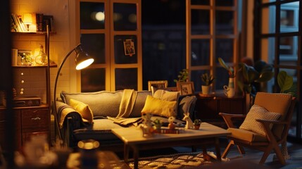 Realistic dollhouse living room with furniture and window at night.