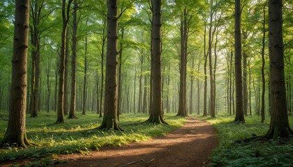 Obraz premium Sunbeams through the trees in a misty forest.