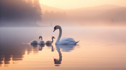 Naklejka premium A family of swans glided gracefully across the still waters of the misty lake.