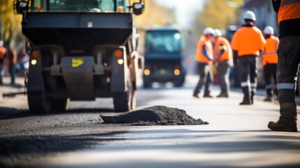 Asphalt construction worker with road repair team