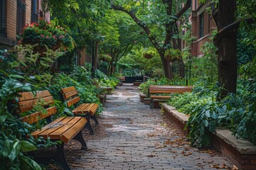 Obraz premium Brick Path Through A City Park With Wooden Benches