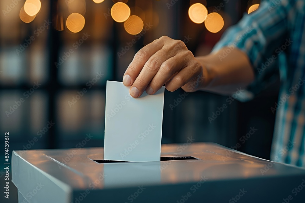 Wall mural a close-up image of a person casting their vote by placing a ballot into a ballot box. the scene is 