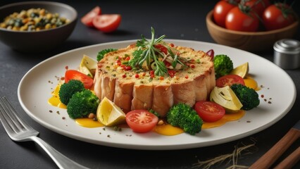 A gourmet vegetable dish artistically presented, featuring broccoli, tomatoes, lemon wedges, and garnished with fresh herbs.