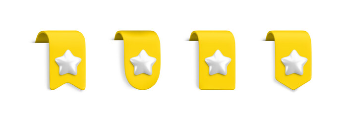 Vector Realistic 3d yellow Bookmarks set with silver star. Favorite icon design element, cute ribbons e-book sticker with shadow on white. Cartoon 3d vertical ribbon tags, tape, add to bookmarks.