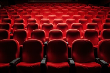 Close-up behind several chairs at the theater There is an empty red chair.