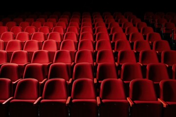 Close-up behind several chairs at the theater There is an empty red chair.