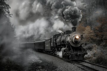 A photo of an old steam train in motion, with thick smoke billowing from its chimney. Vintage transport concept.