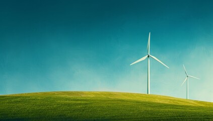 Fototapeta premium Two wind turbines are on a hillside in a field by AI generated image