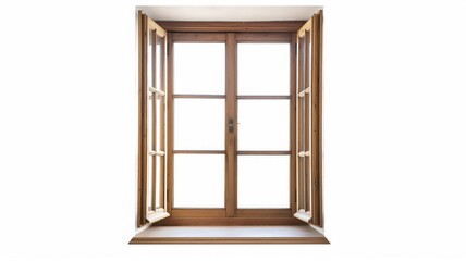 Rustic vintage wooden window frame with peeling paint. Old architectural detail isolated on white background, perfect for design projects.