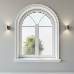 Obraz premium Elegant and timeless arched top window showcasing a picturesque garden view, enhancing the charm and sophistication of a well-lit living space.