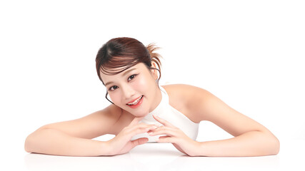 Beautiful young asian woman with clean fresh skin on white background, Face care, Facial treatment, Cosmetology, beauty and spa, Asian women portrait.