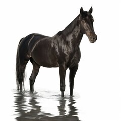 Obraz premium Graceful Black Horse Standing in Water with Rippling Reflection on White Background, Majestic Equine Beauty Captured in Serene Moment