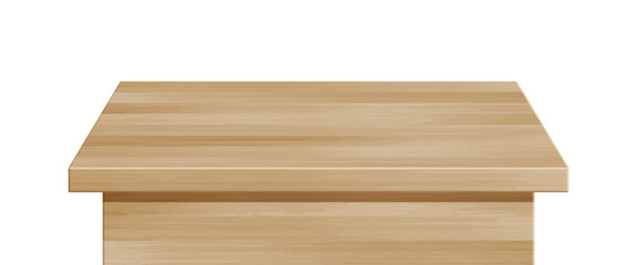 Wooden table surface perspective view. Vector realistic natural brown tabletop isolated on white background. 3d interior design template element. Wood board top, timber board for mock up, design.