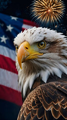 American bald eagle portrait with american flag and fireworks in the background.