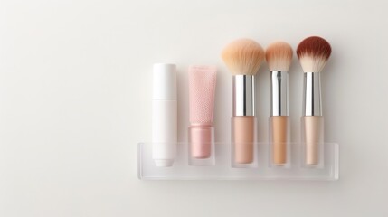 Obraz premium A clear acrylic makeup organizer with a lip balm, foundation, and two makeup brushes.