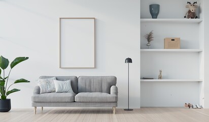 white living room with  stylish sofa and blank poster frame