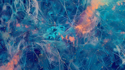 Cerulean blue and peach abstract network connections with soft dots and vibrant lines, sky tech aesthetic