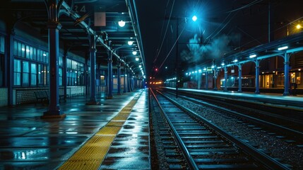 A deserted train station platform at night.