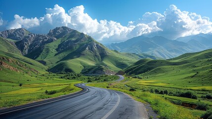 Naklejka premium Highway winding through green mountain fields under a summer sky with fluffy clouds in a scenic landscape view.