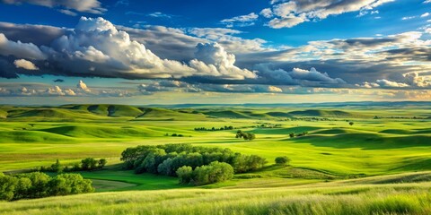 Obraz premium Landscape of prairies and grasslands in North America showcasing the greenery of the countryside and the vastness of the sky in the Dakotas
