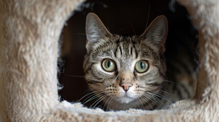 A cat peeking out from a hideaway in a multi-level cat condo, looking curious.
