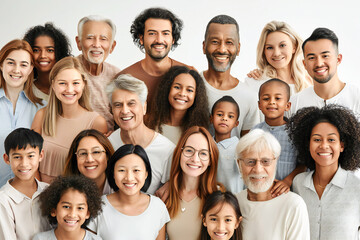 A large group of happy people from different ethnic groups and different generations of people	