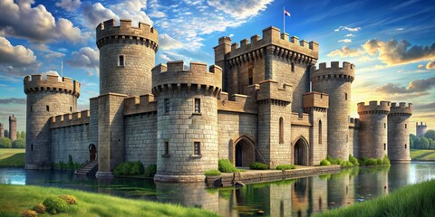 Medieval Ancient Castle Building Architecture Stone Walls Moat Tower Keep Battlement
