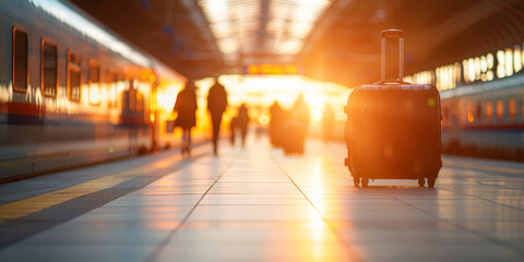 A train station with a suitcase on the ground by AI generated image
