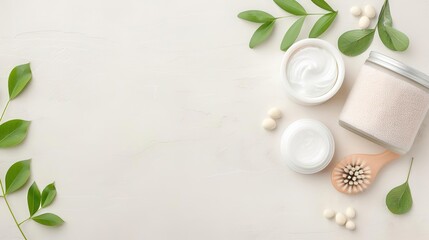 Minimalist beauty flat lay with cream jars, leaves, and a wooden brush.
