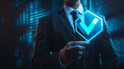 Businessman holding hologram of blue check mark