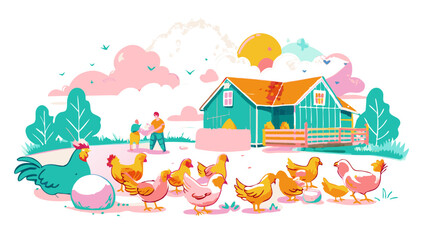 Obraz premium Idyllic Farm Life: Chickens Grazing Near Countryside Cottage at Sunset