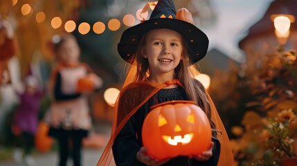 Happy Halloween. Children in costumes and makeup holiday halloween. Young girl dressed as a witch holding a carved pumpkin, standing outdoors in the evening with festive lights in the background.