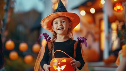Happy Halloween. Children in costumes and makeup holiday halloween. Young girl dressed as a witch holding a carved pumpkin, standing outdoors in the evening with festive lights in the background.