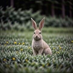 Fluffy rabbit in the forest on the grass
