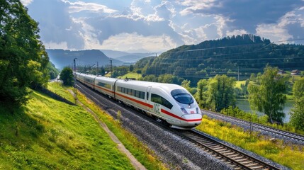 Fototapeta premium A high-speed train passing through a rural landscape.