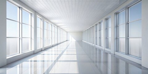 Obraz premium Modern interior with white walls and floor, and a corridor, room perspective, design