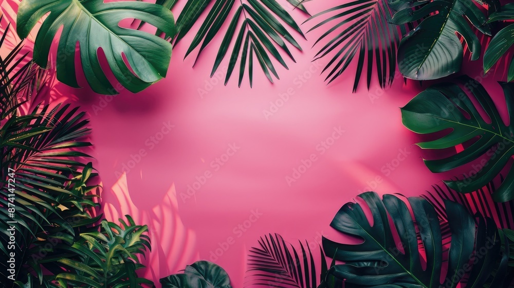 Poster top view of tropical palm and monstera leaves on pink background with dark red frame abstract design