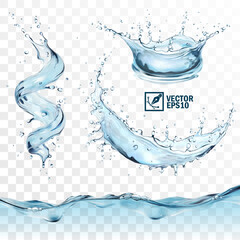 Realistic transparent isolated vector set splashes of water with drops, a splash of falling water in the form of a spiral, crown and circle, a wave with bubbles