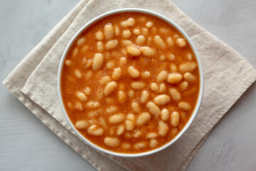 Bowl of Canned White Beans with Tomato Sauce, top view.