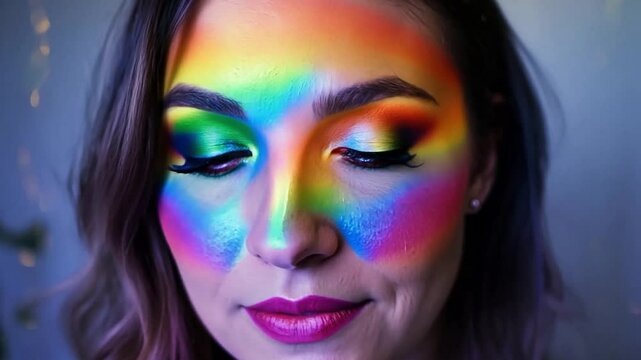 Slow motion portrait of a young woman from the Pride scene with rainbow coloured makeup.