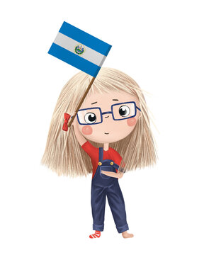 recommend clip art: Funny cute girl with flag of El Salvador. Bright clip art isolated