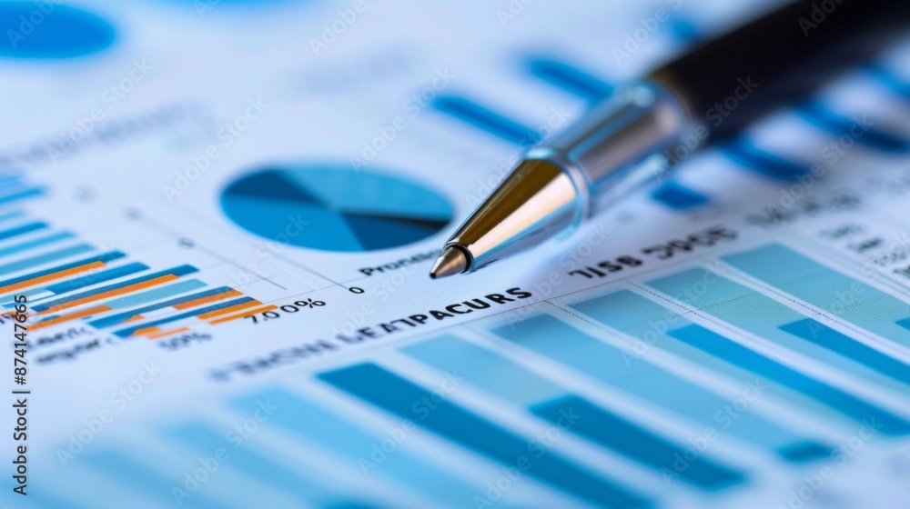 Poster a close-up of a business graph printed on a report with a pen pointing at key data.