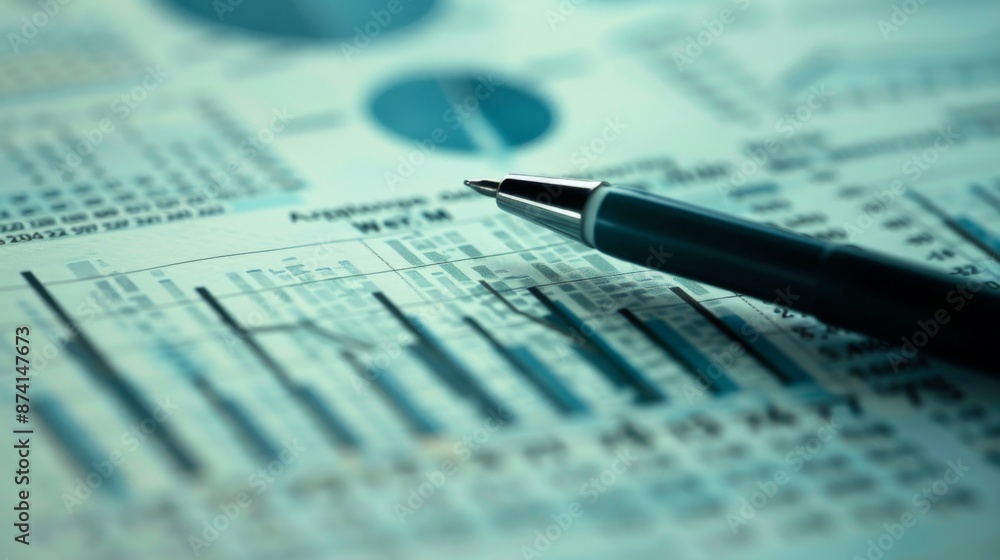 Poster a close-up of a business graph printed on a report with a pen pointing at key data.