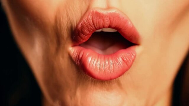 Close up of female red lips blowing a kiss into the camera.
