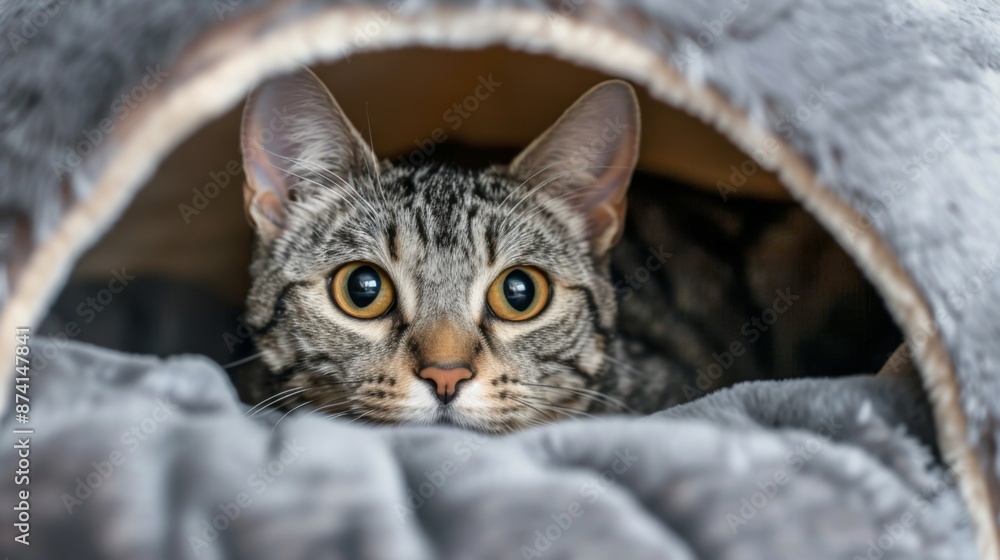 Poster a close-up of a cat peering out from a cozy cat igloo bed.