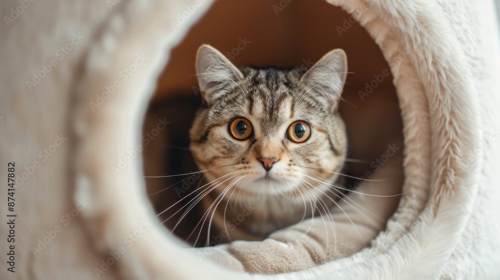 Poster a close-up of a cat peering out from a cozy cat igloo bed.